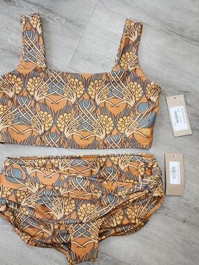 Albion Mustard and Gray Floral Bandeau Swim Set Med Top & Small Bottom